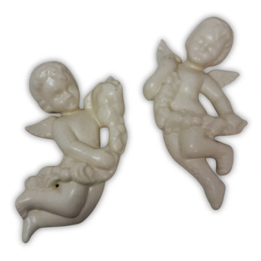 Vintage Ceramic Cherub Wall Hanging Pair Cream Angel Garland Set 7 Inch Cherubim
